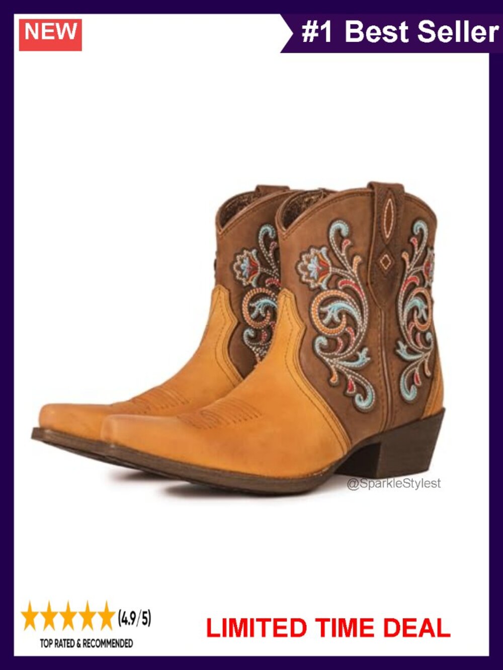 Genuine Leather Western Cowboy Ankle Boots Chunky Heel Pointed Toe